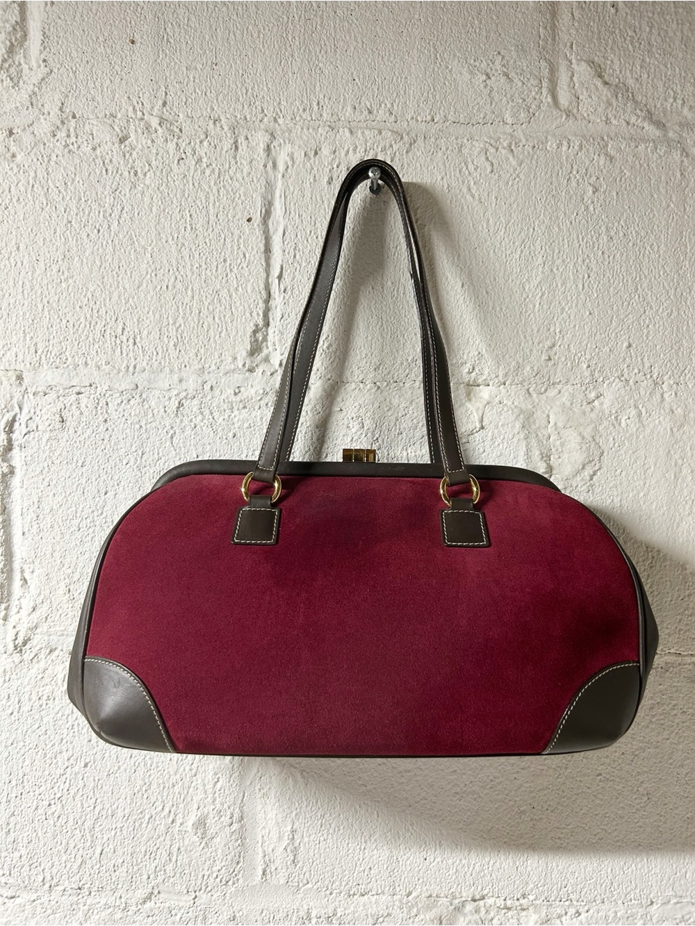 Vintage Lambertson Truex Maroon Red/Suede Brown Leather Framed Top Handle Bag